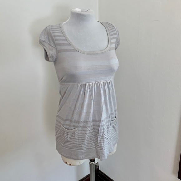 VTG 2000 y2k OP Soft T Shirt Long Stripe Emo Tie Back Cap Sleeve Blue Gray - Picture 1 of 13